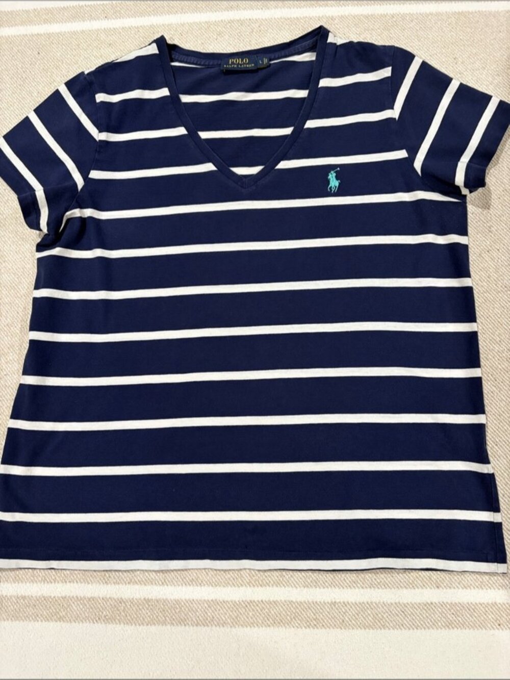 Navy and White Striped V-neck Short-Sleeve T-shirt